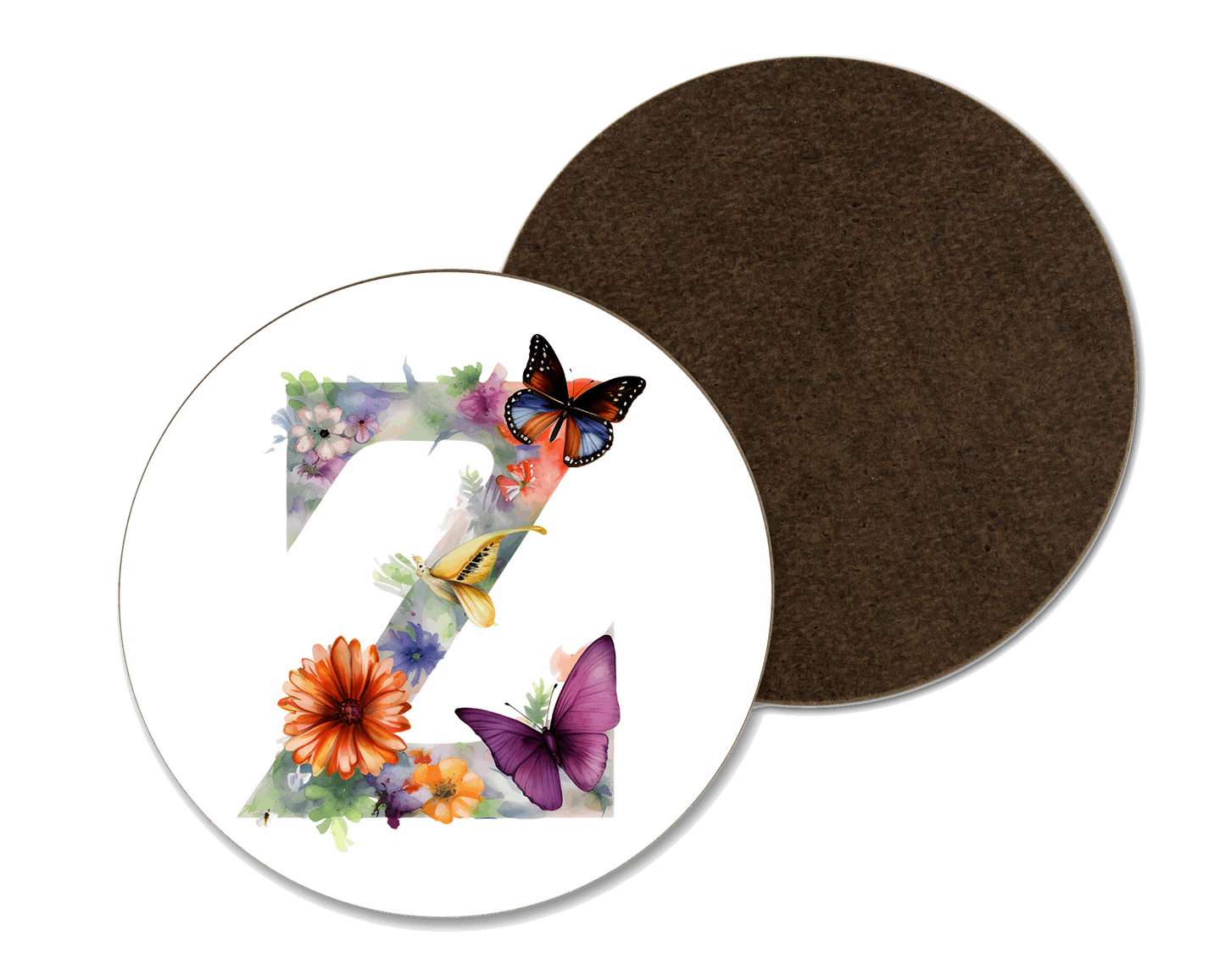 A white coaster with a floral z illustration