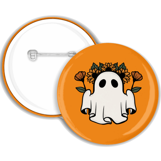An orange badge with an autumnal ghost illustration wearing a flower crown