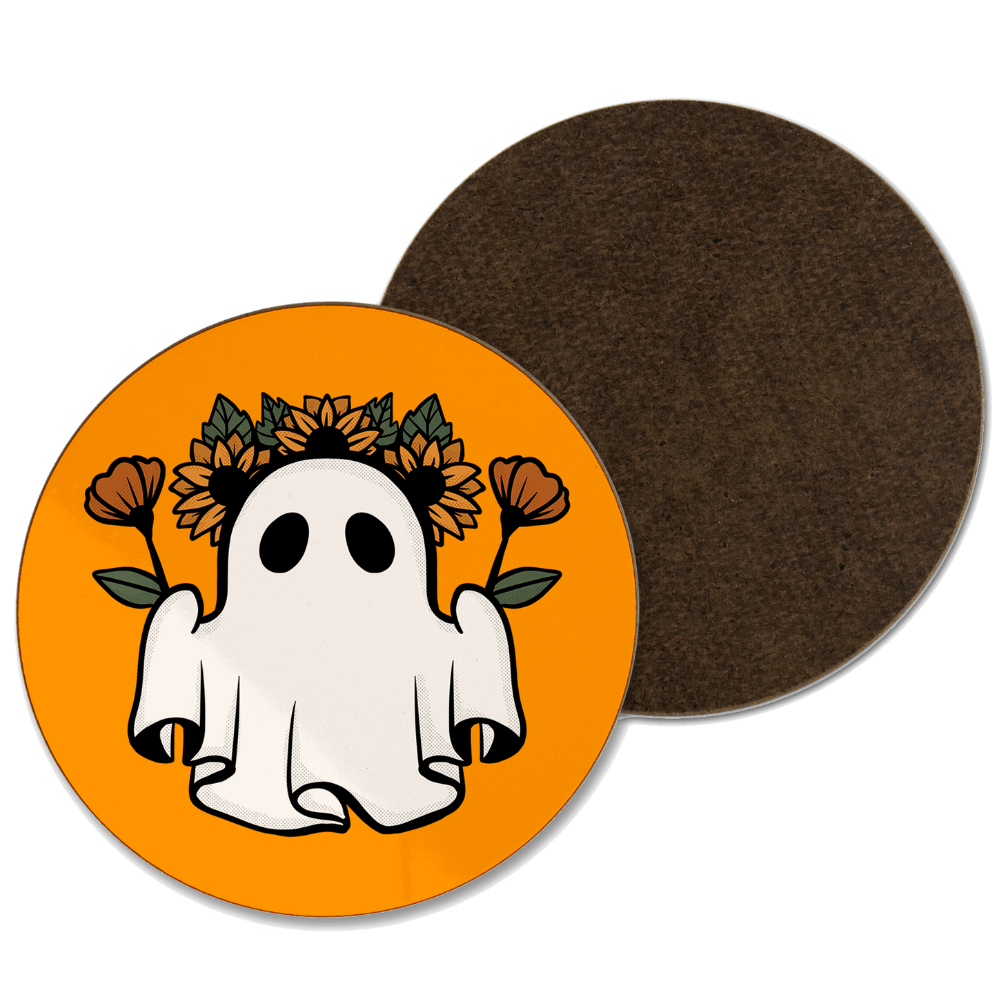 An orange coaster with an autumnal ghost wearing a flower crown illustration