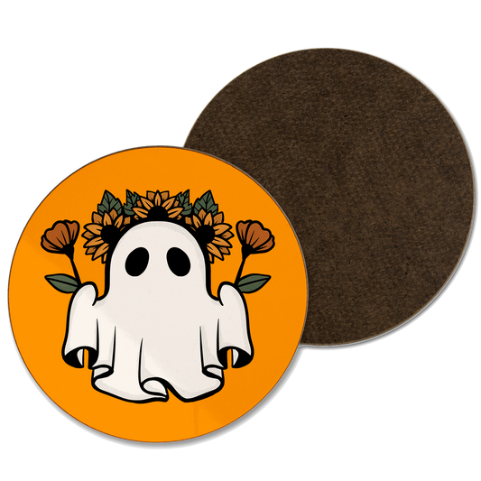 An orange coaster with an autumnal ghost wearing a flower crown illustration 