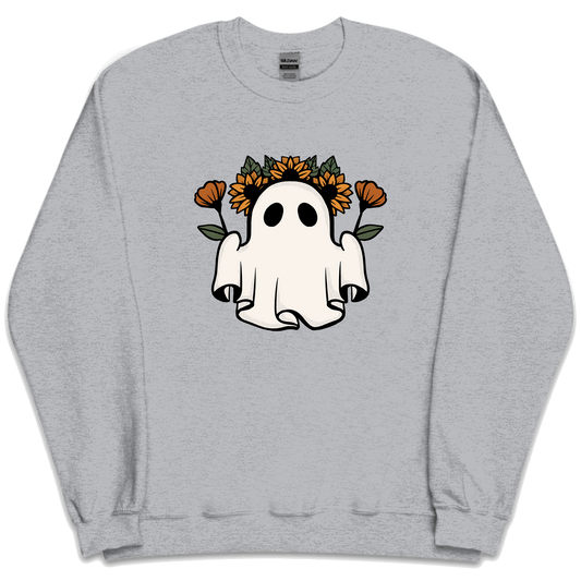 A grey sweatshirt with an autumnal ghost wearing a floral crown illustration