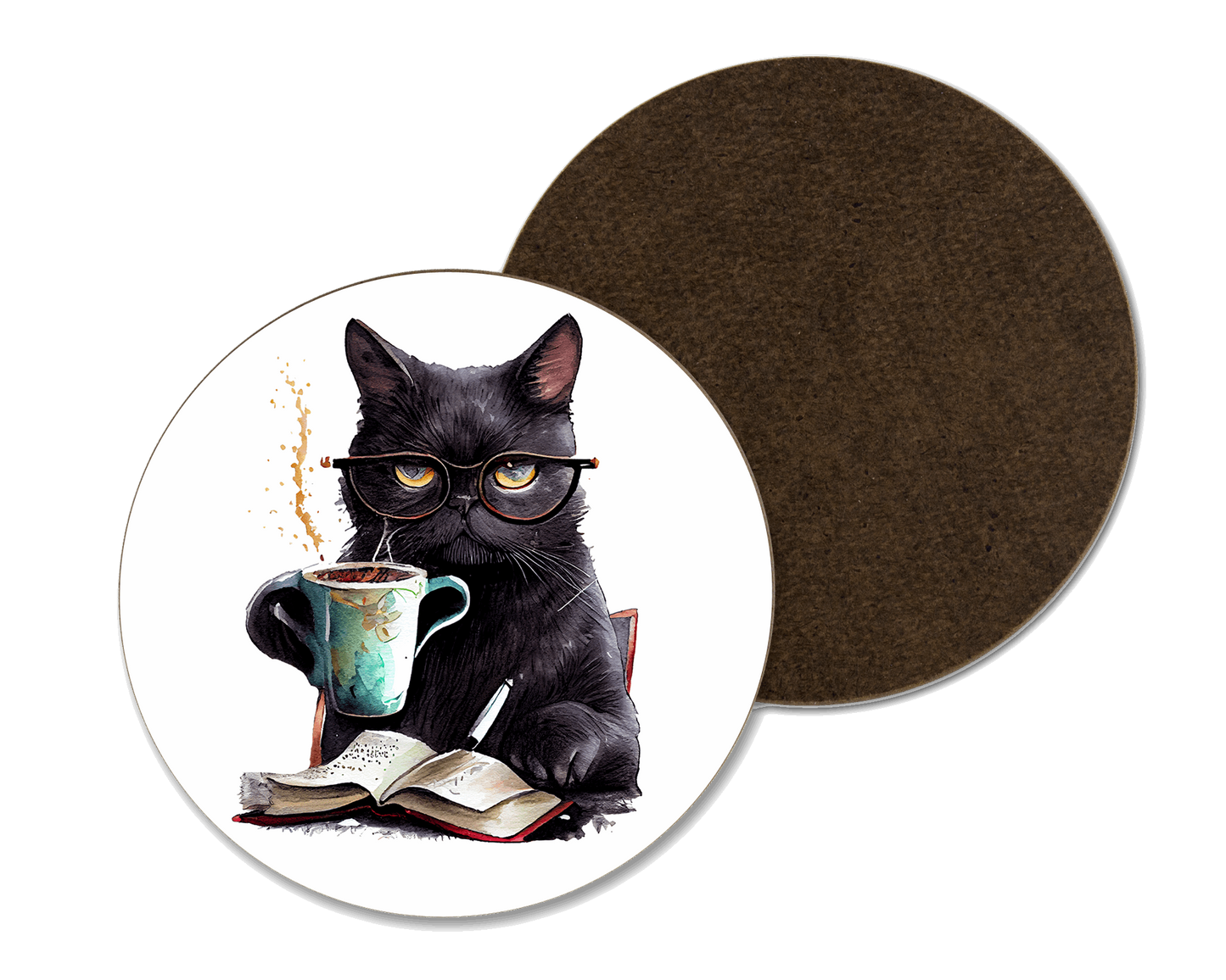 A white coaster with a black cat reading a book illustration