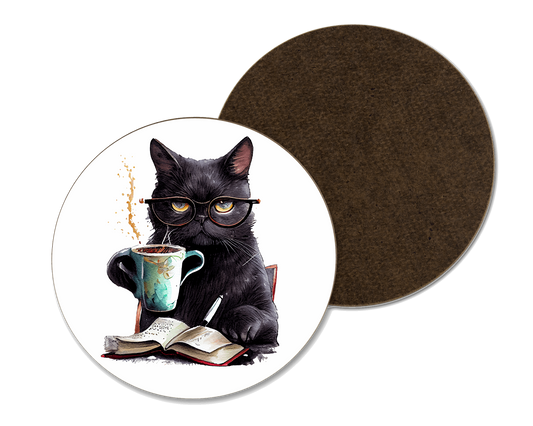 A white coaster with a black cat reading a book illustration