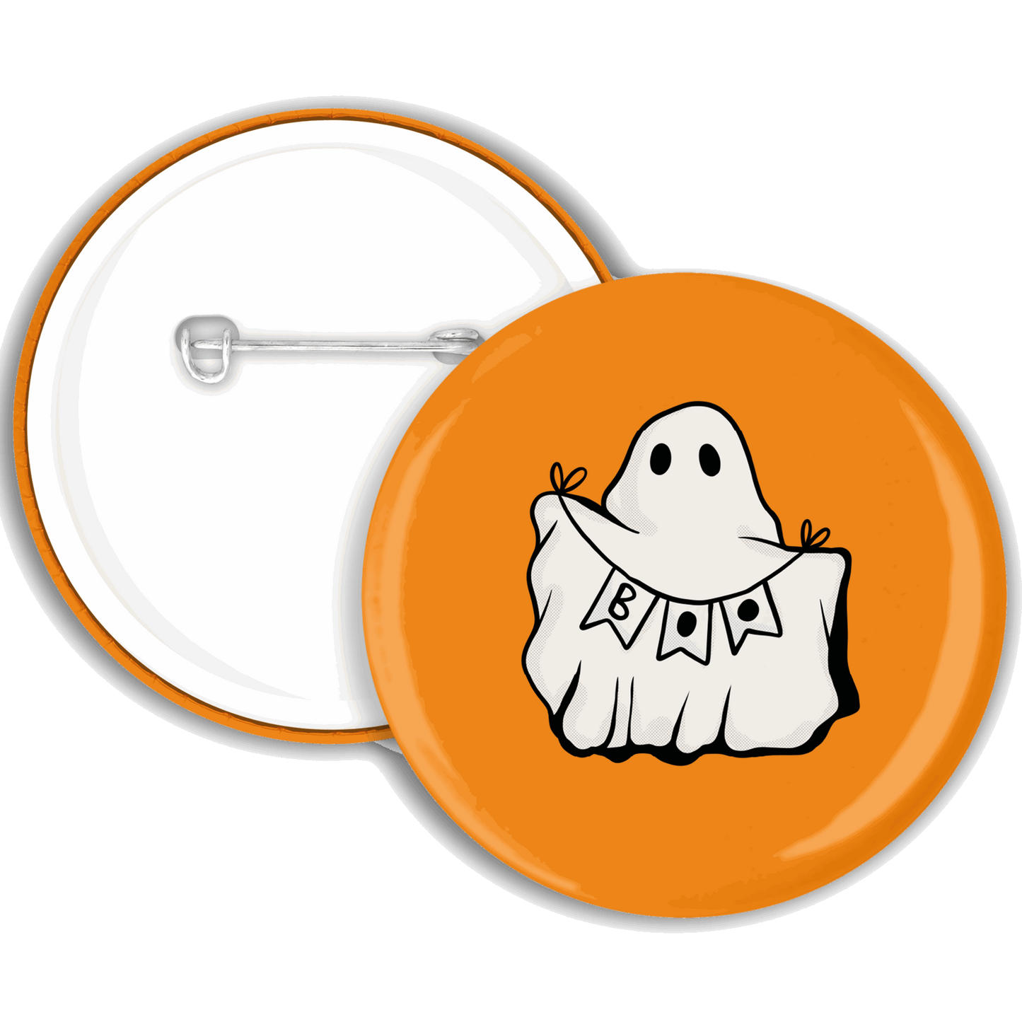 A orange badge with an autumn ghost illustration holding a banner saying ‘boo’