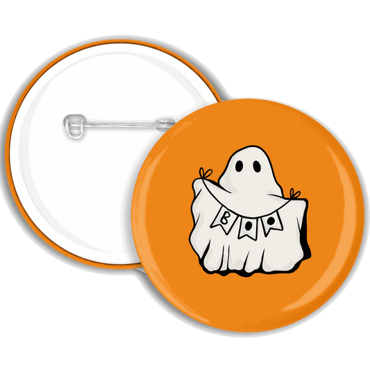 A orange badge with an autumn ghost illustration holding a banner saying ‘boo’