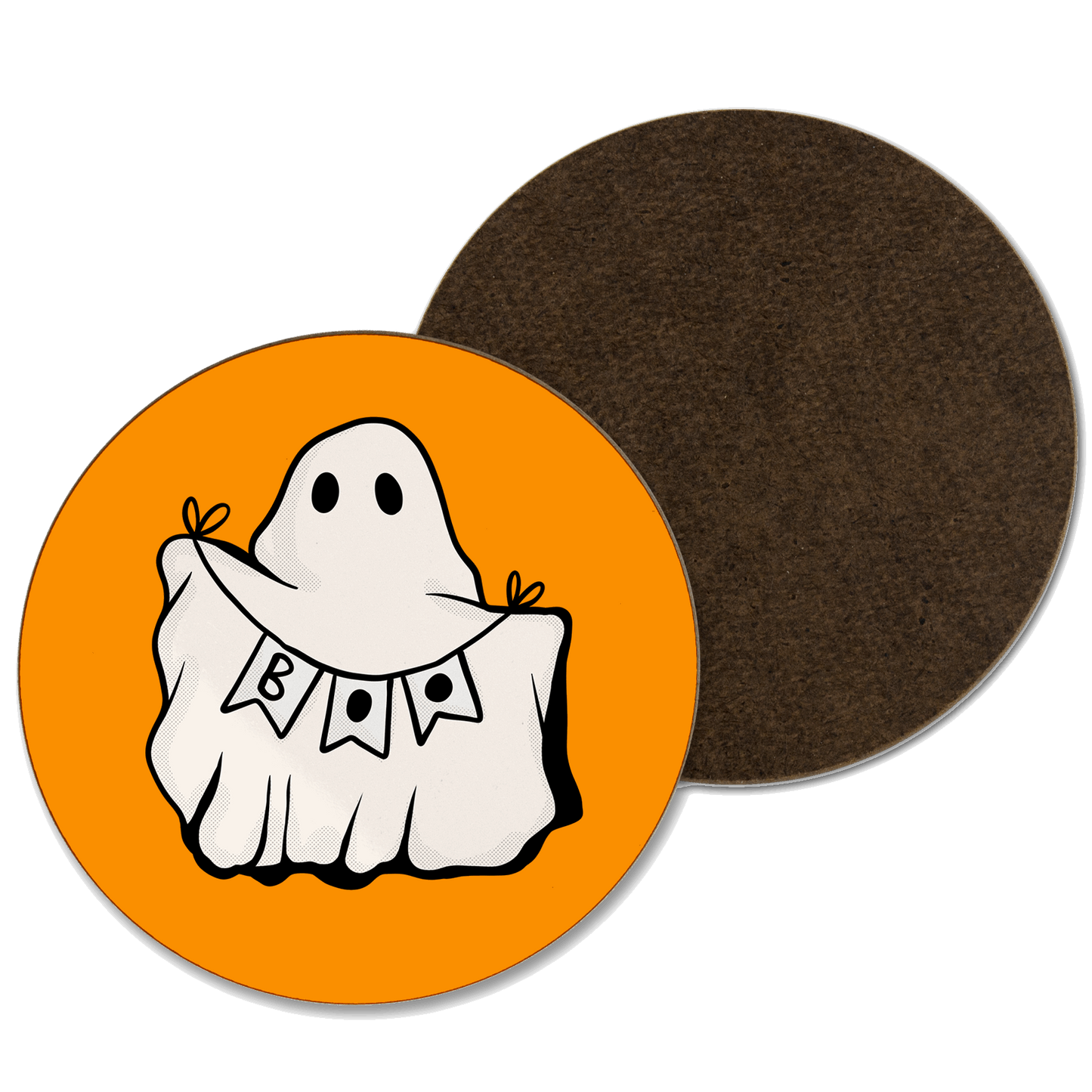 An orange coaster with a ghost holding a banner with ‘boo’ written on it