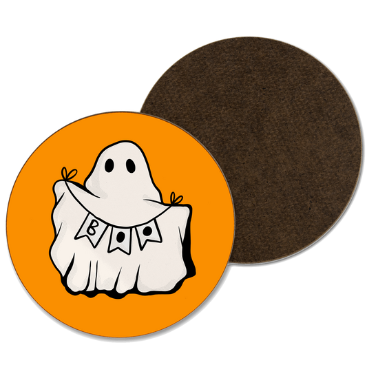 An orange coaster with a ghost holding a banner with ‘boo’ written on it