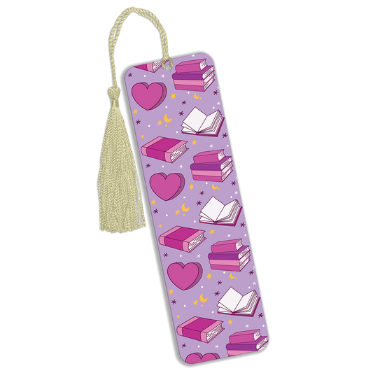 A purple metal bookmark with a repeated seamless pattern of books