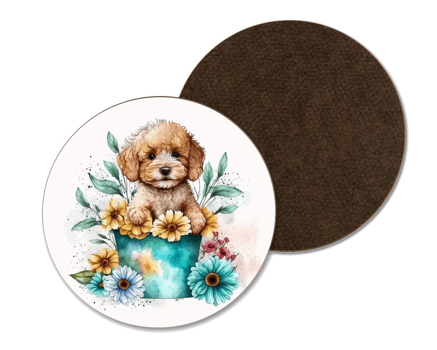 A white coaster with a labradoodle cockapoo in a flower pot illustration