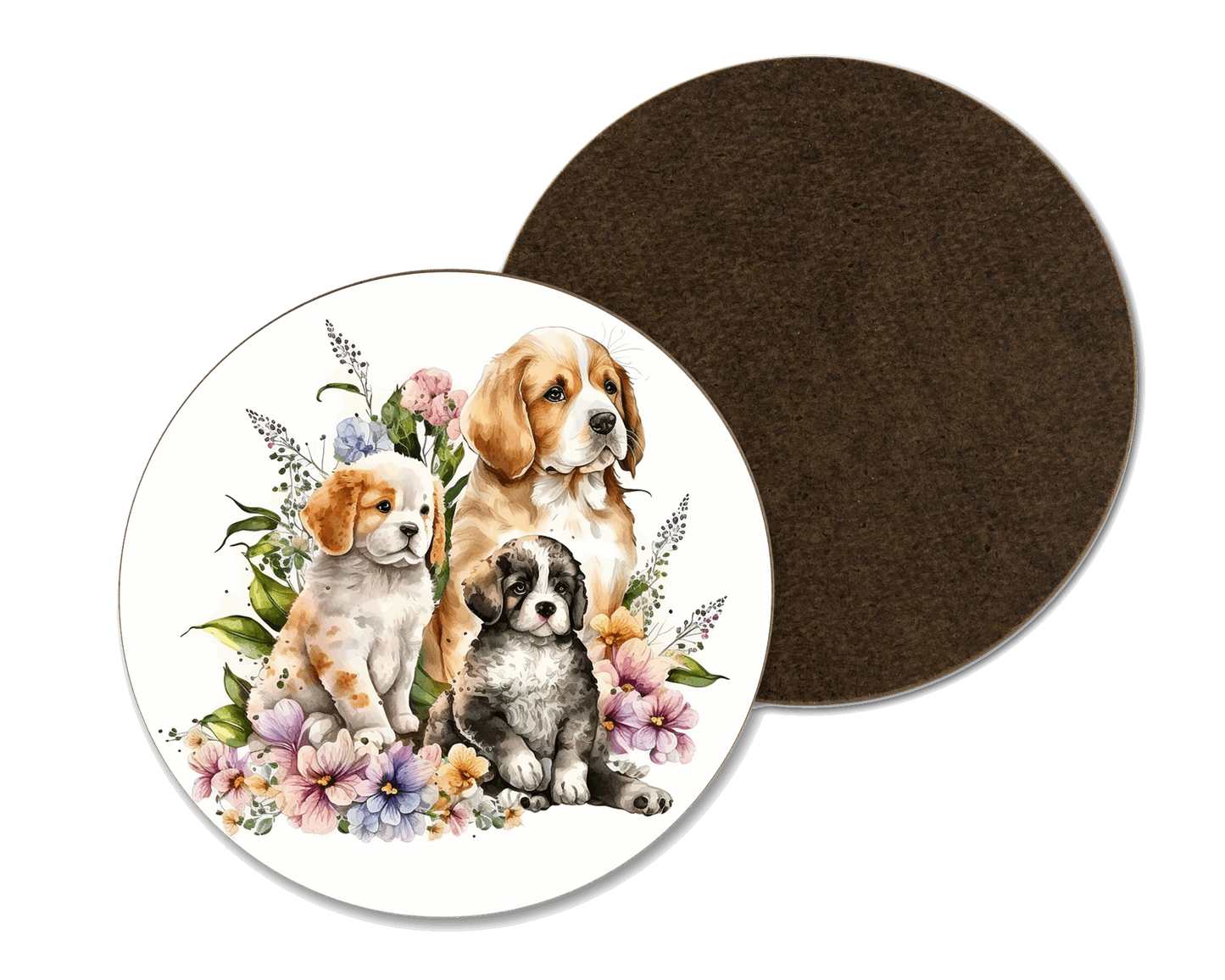A white coaster with three dogs and flower illustrations