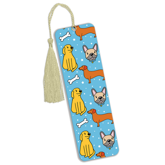 A blue metal bookmark with a repeated seamless pattern of dogs
