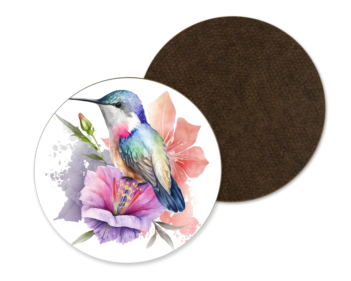 A white coaster with a colourful hummingbird and flowers illustration
