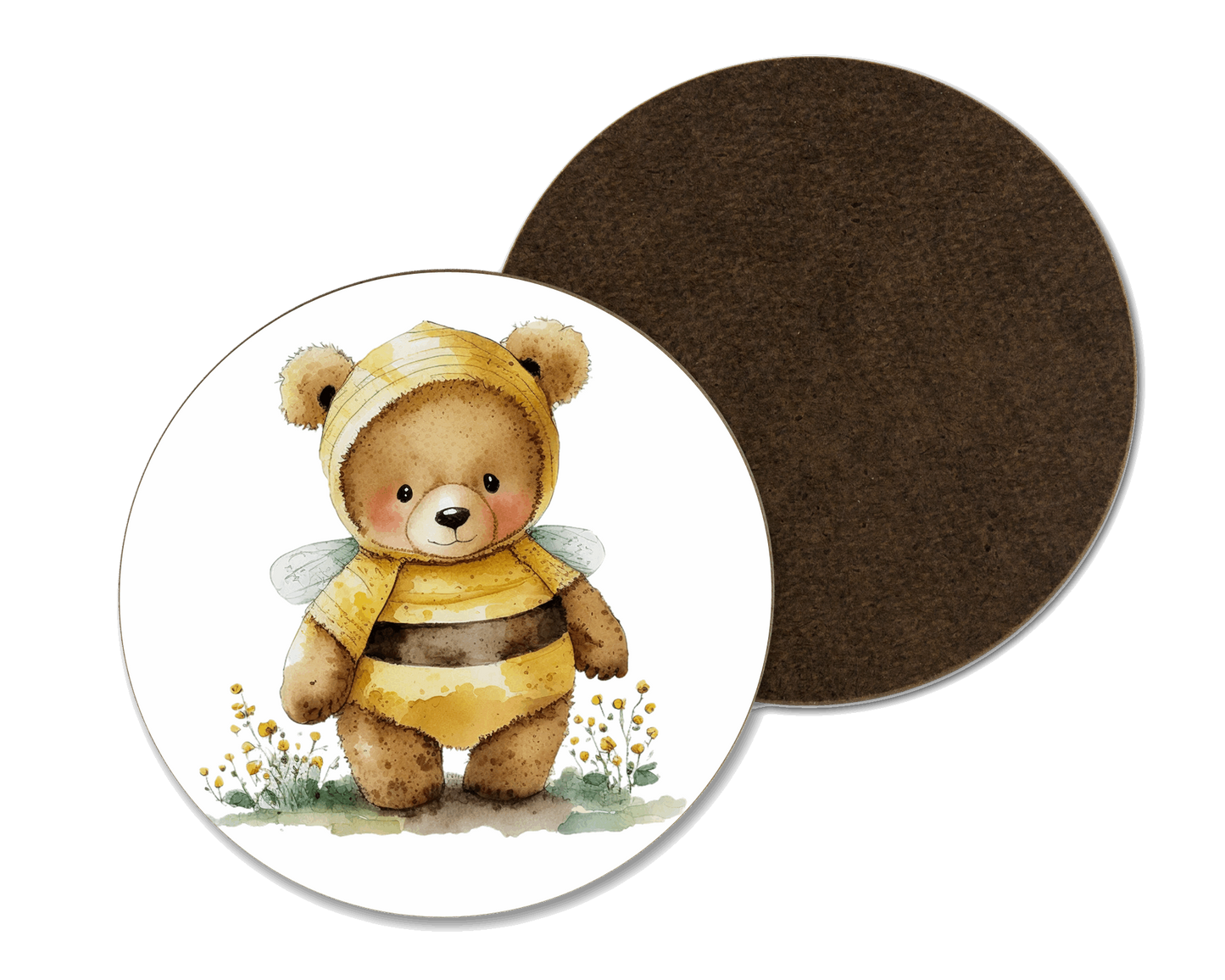 A white coaster with a bear dressed as a bumble bee