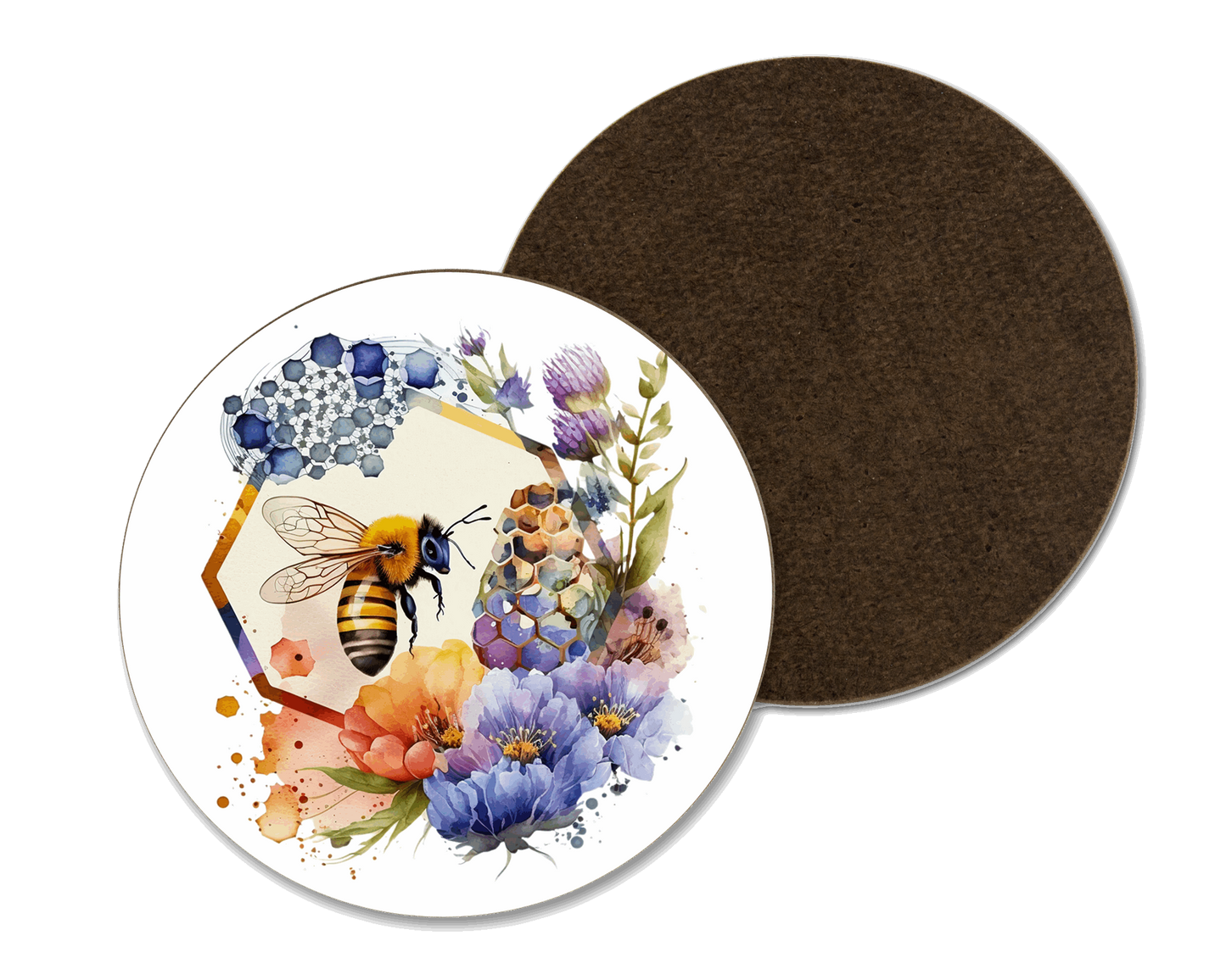 A white coaster with a bee and colourful flowers illustration