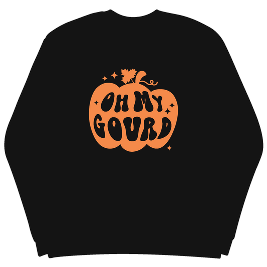 A black sweatshirt with ‘oh my gourd’ written out of a pumpkin illustration
