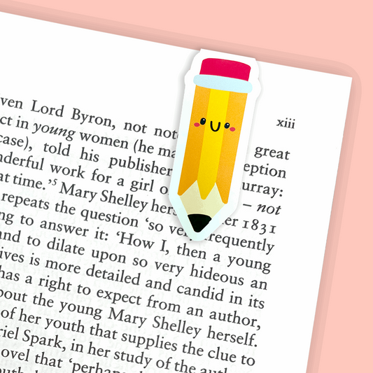 A magnetic bookmark featuring a cute pencil illustration