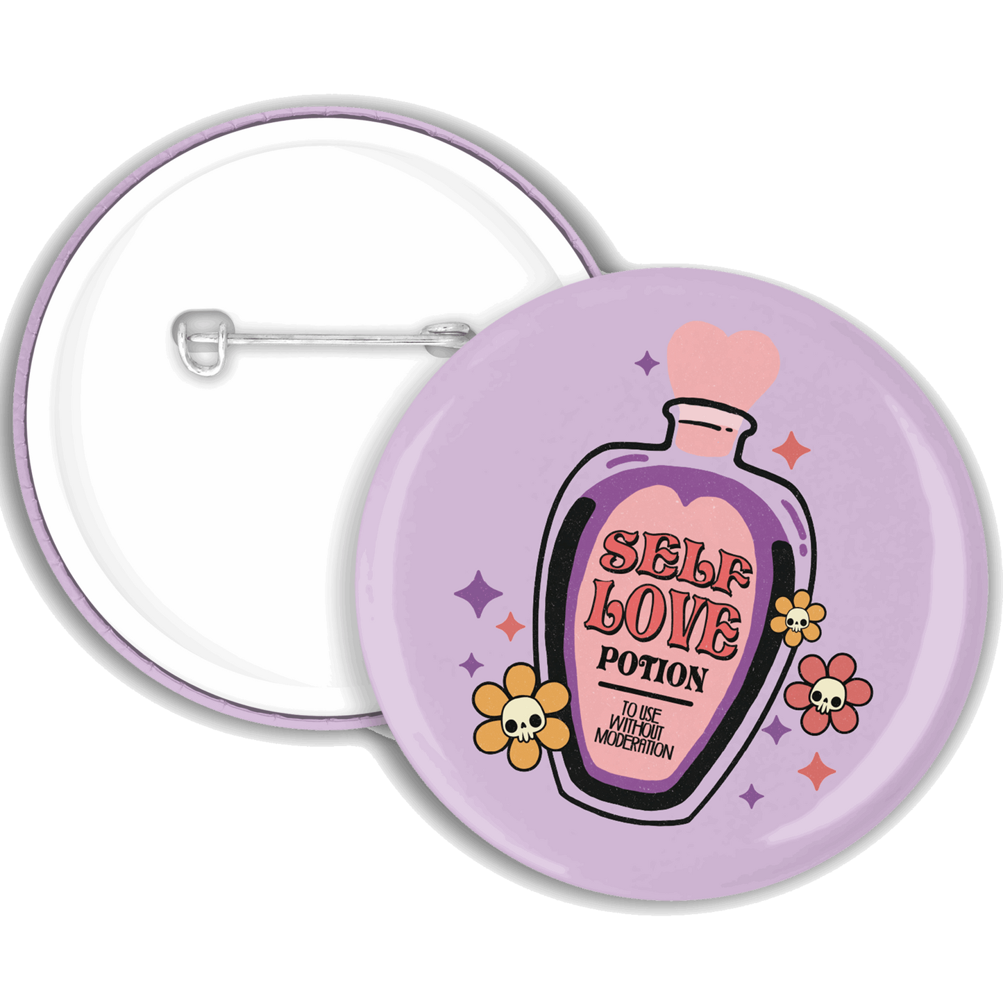 A lilac purple badge with a potion bottle illustration with the words ‘self love potion’ written