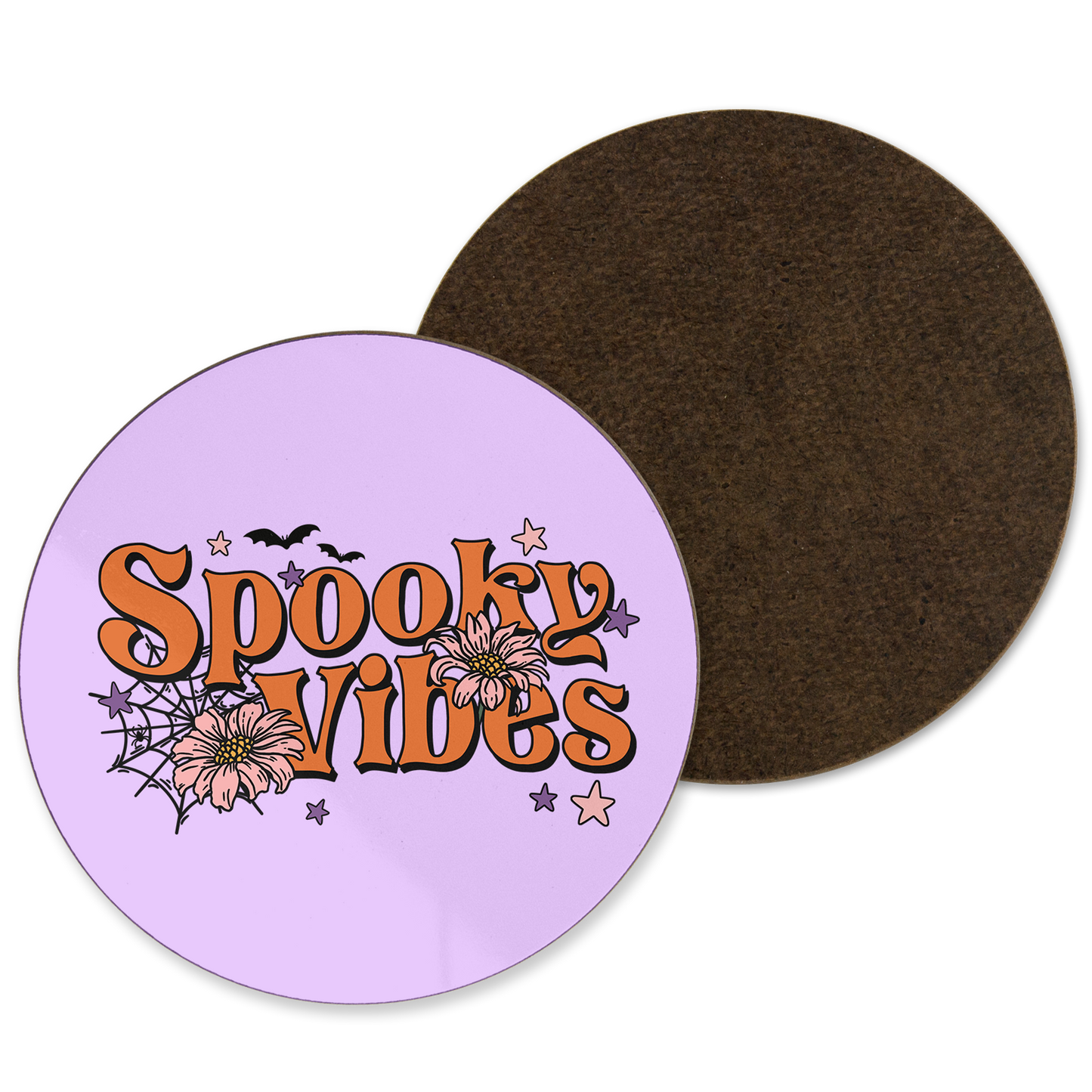 A purple coaster with spooky vibes written with cobweb illustrations
