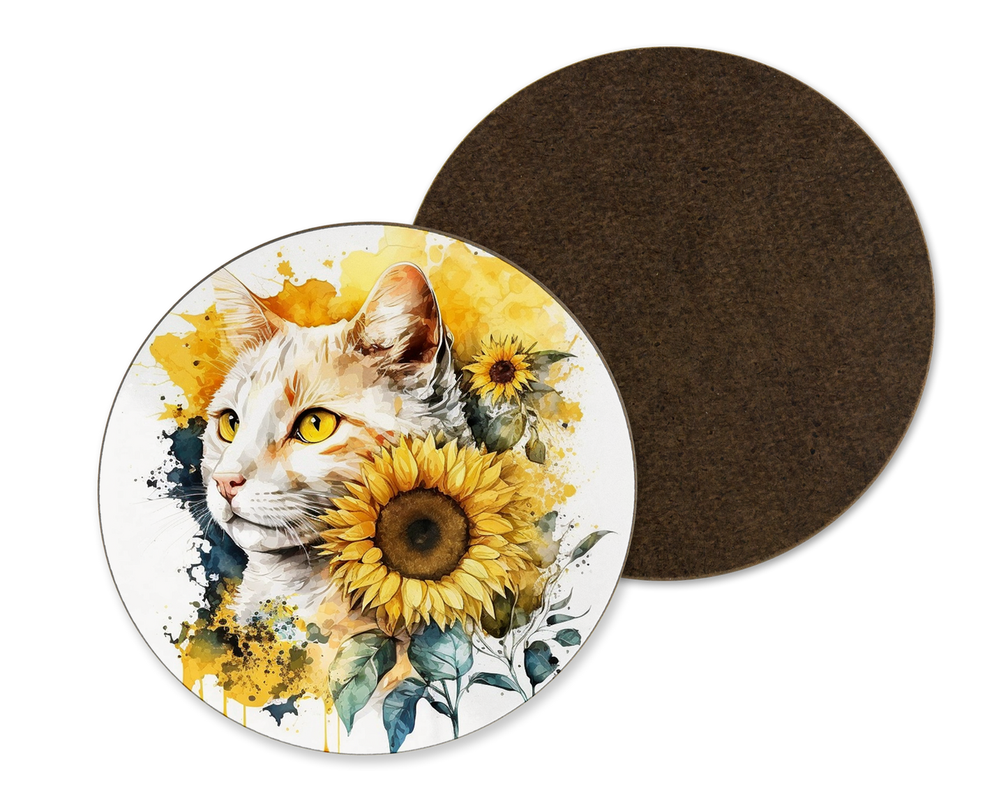 A white coaster with a sunflower and cat illustration