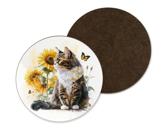 A white coaster with a sunflower and cat illustration