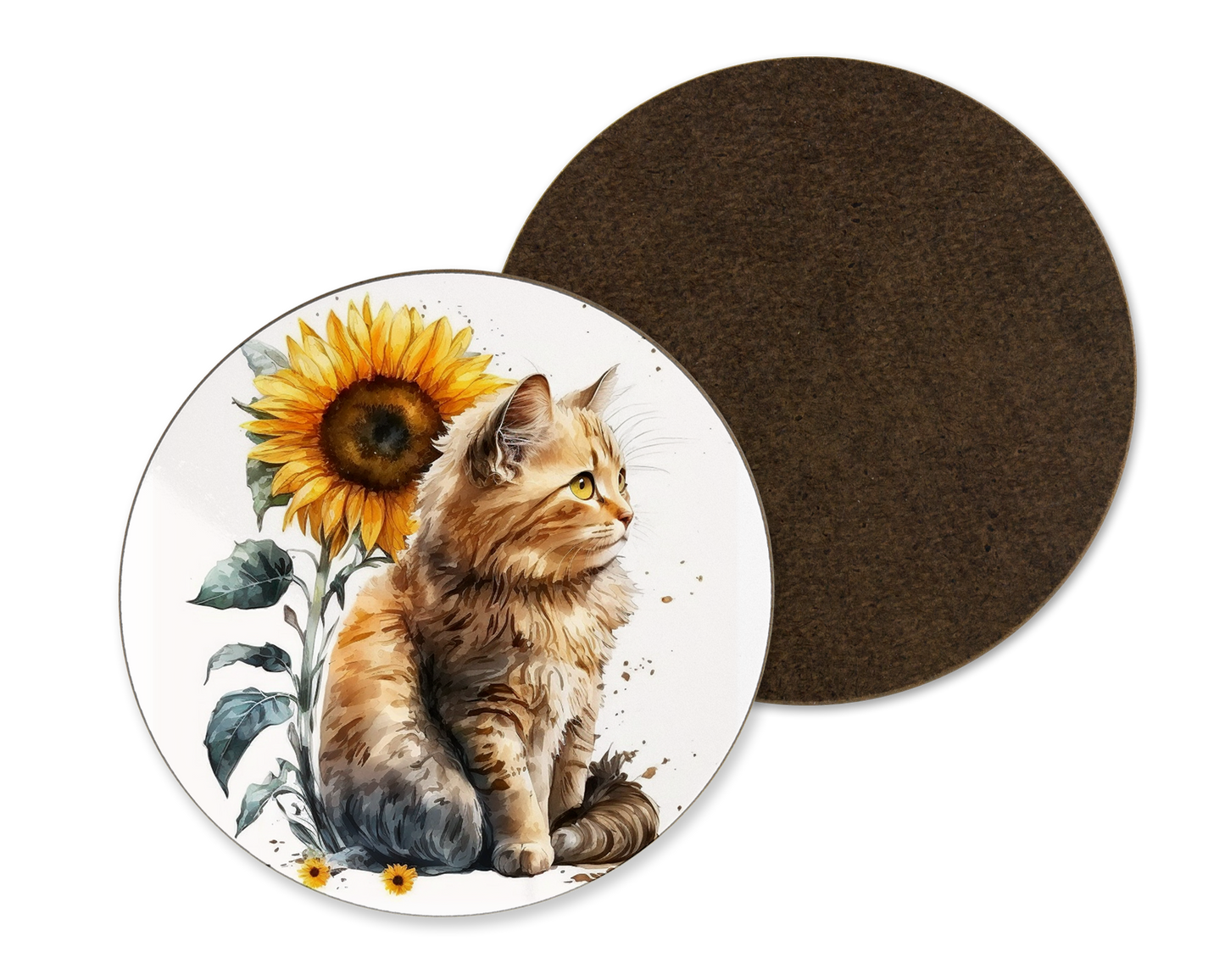A white coaster with a sunflower and cat illustration