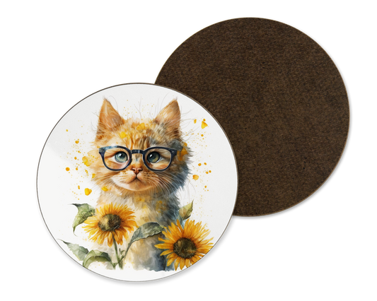 A white coaster with a sunflower and cat wearing glasses illustration