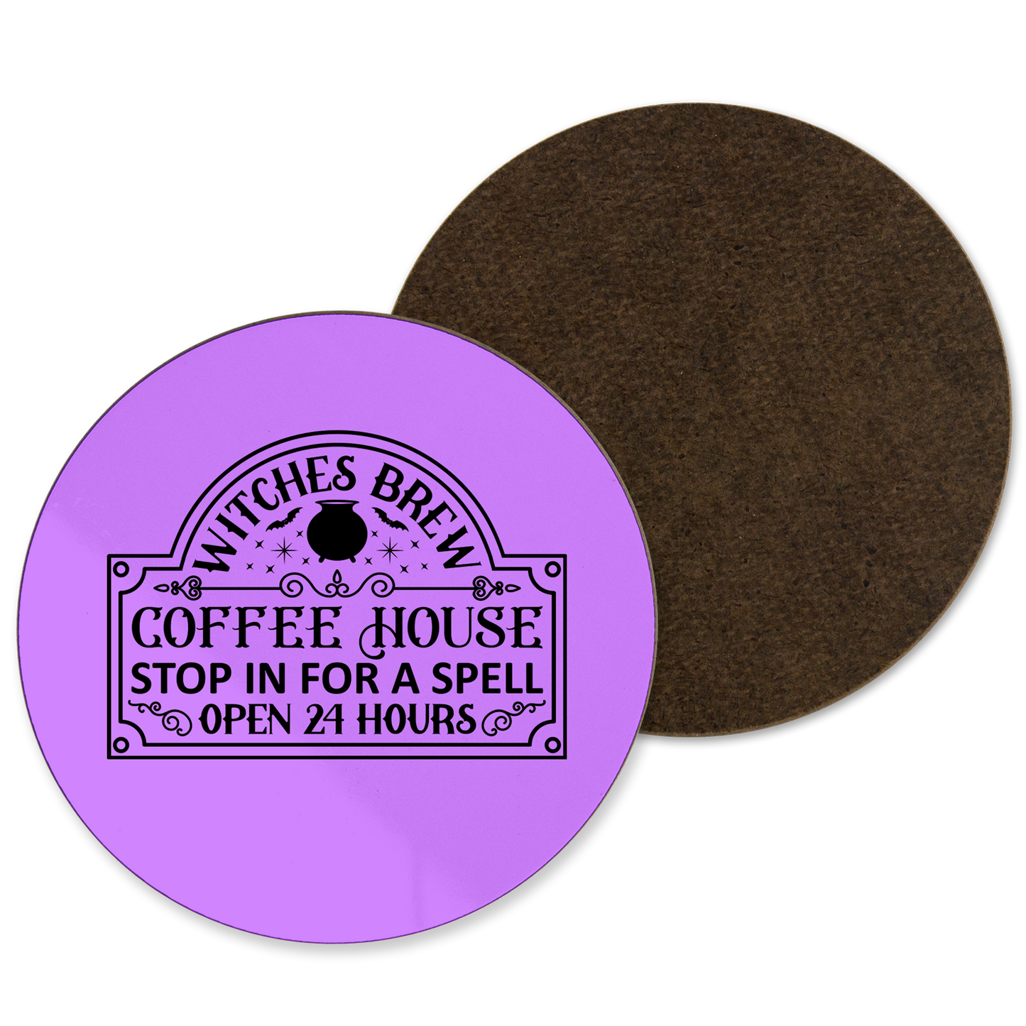 A purple coaster with Witches Brew coffee logo written