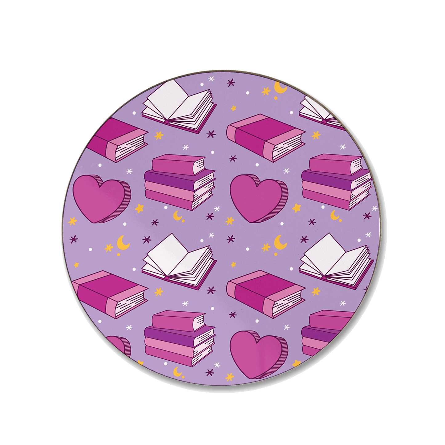 A purple coaster with a repeated seamless pattern of books