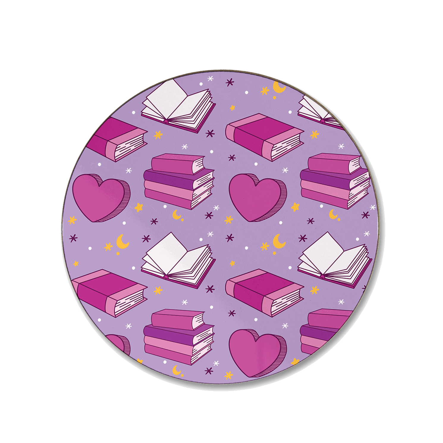 A purple coaster with a repeated seamless pattern of books