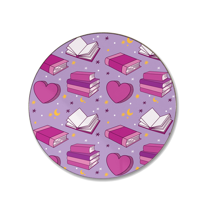 A purple coaster with a repeated seamless pattern of books