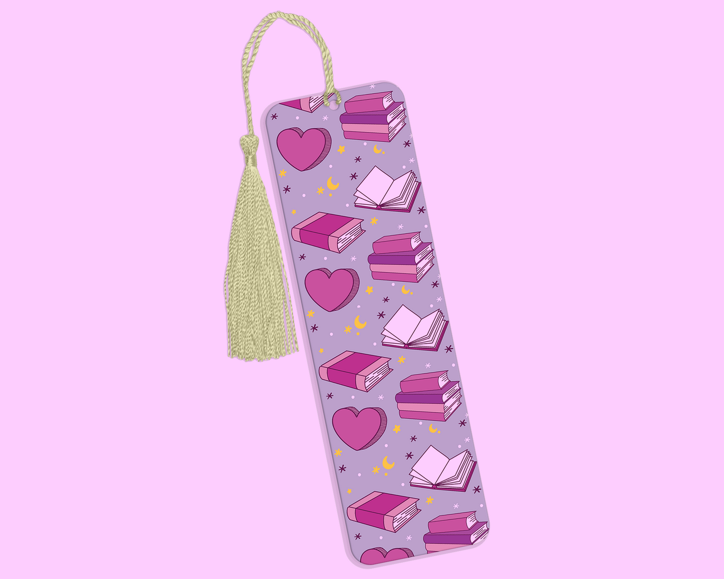 A purple metal bookmark with a repeated seamless pattern of books
