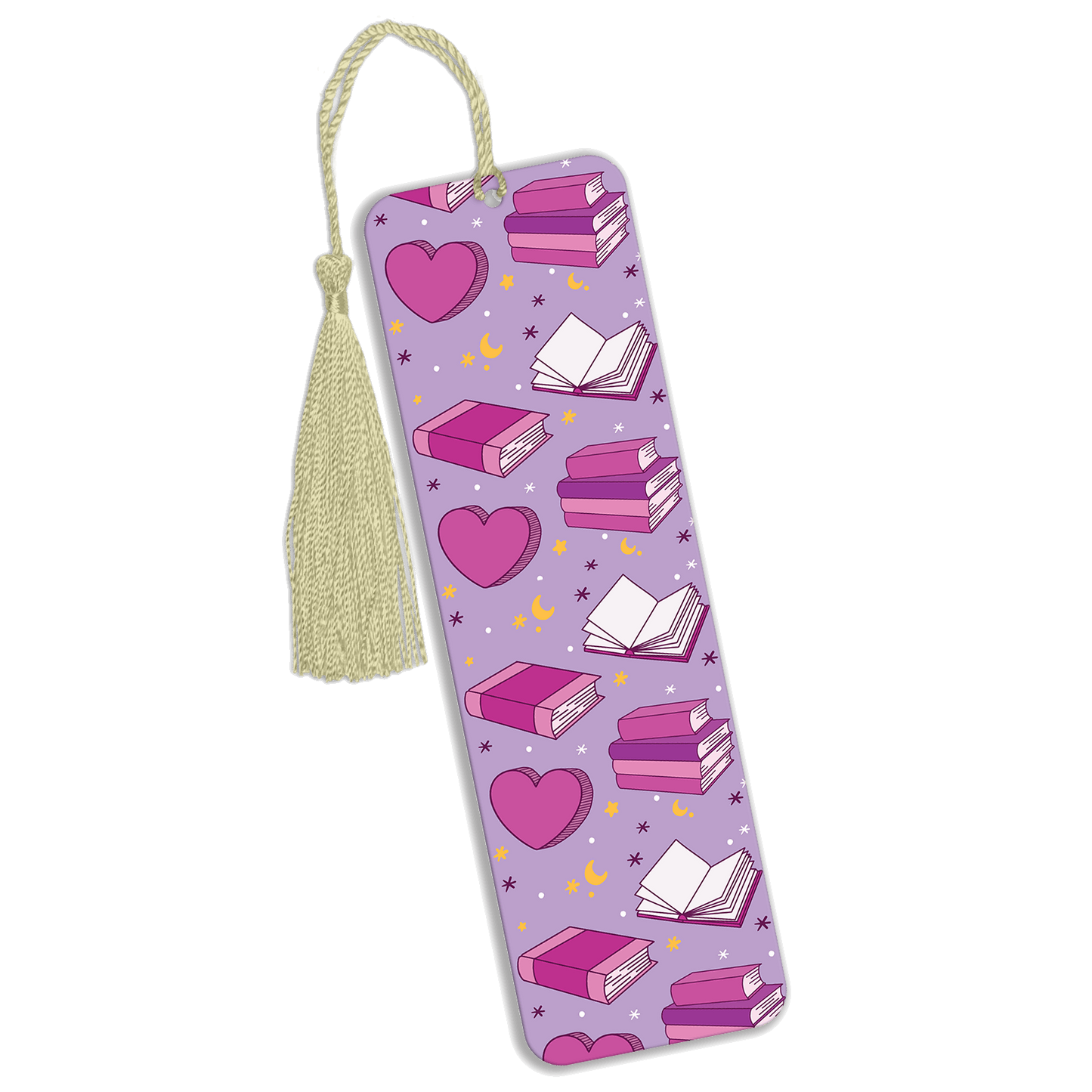 A purple metal bookmark with a repeated seamless pattern of books