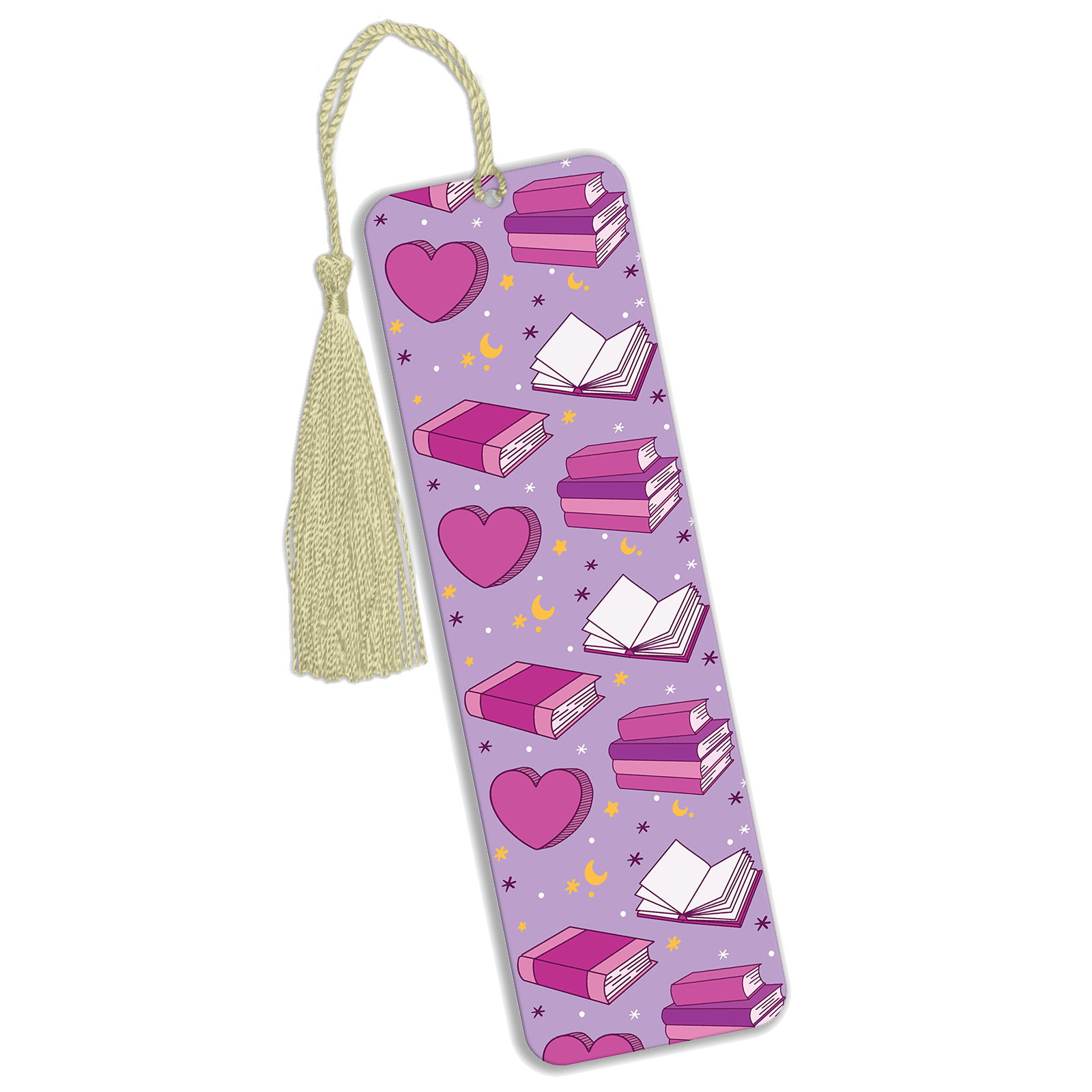 A purple metal bookmark with a repeated seamless pattern of books