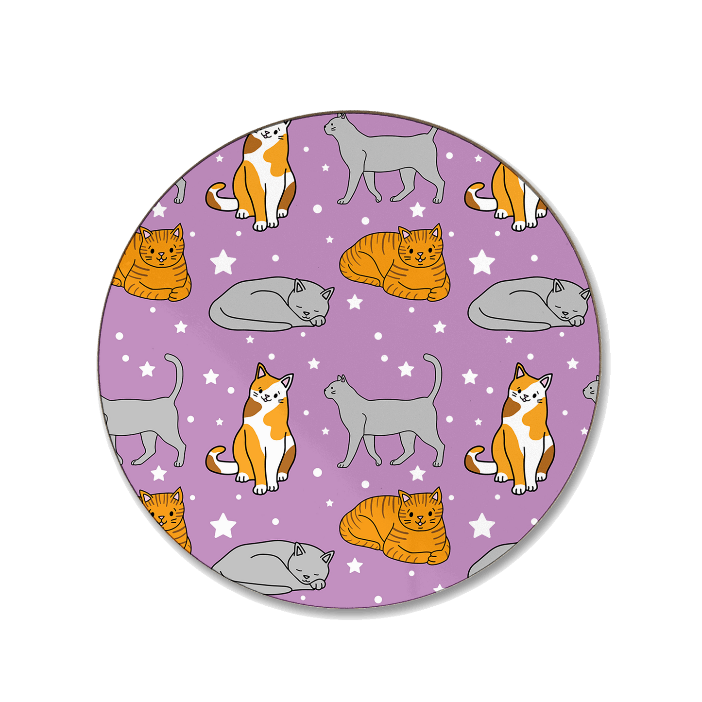 A purple coaster with a repeated seamless pattern of cats
