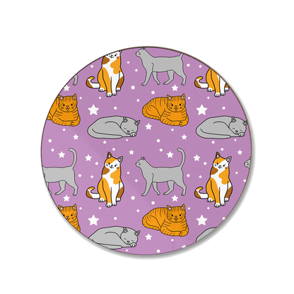 A purple coaster with a repeated seamless pattern of cats