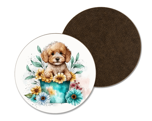 A white coaster with a labradoodle cockapoo in a flower pot illustration