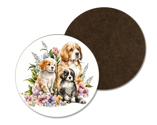A white coaster with three dogs and flower illustrations