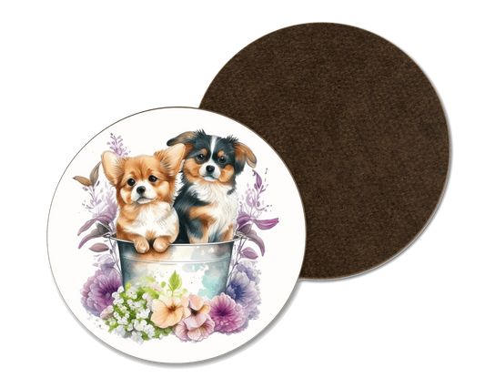 A white coaster with two dogs in a pot with flower illustrations surrounding