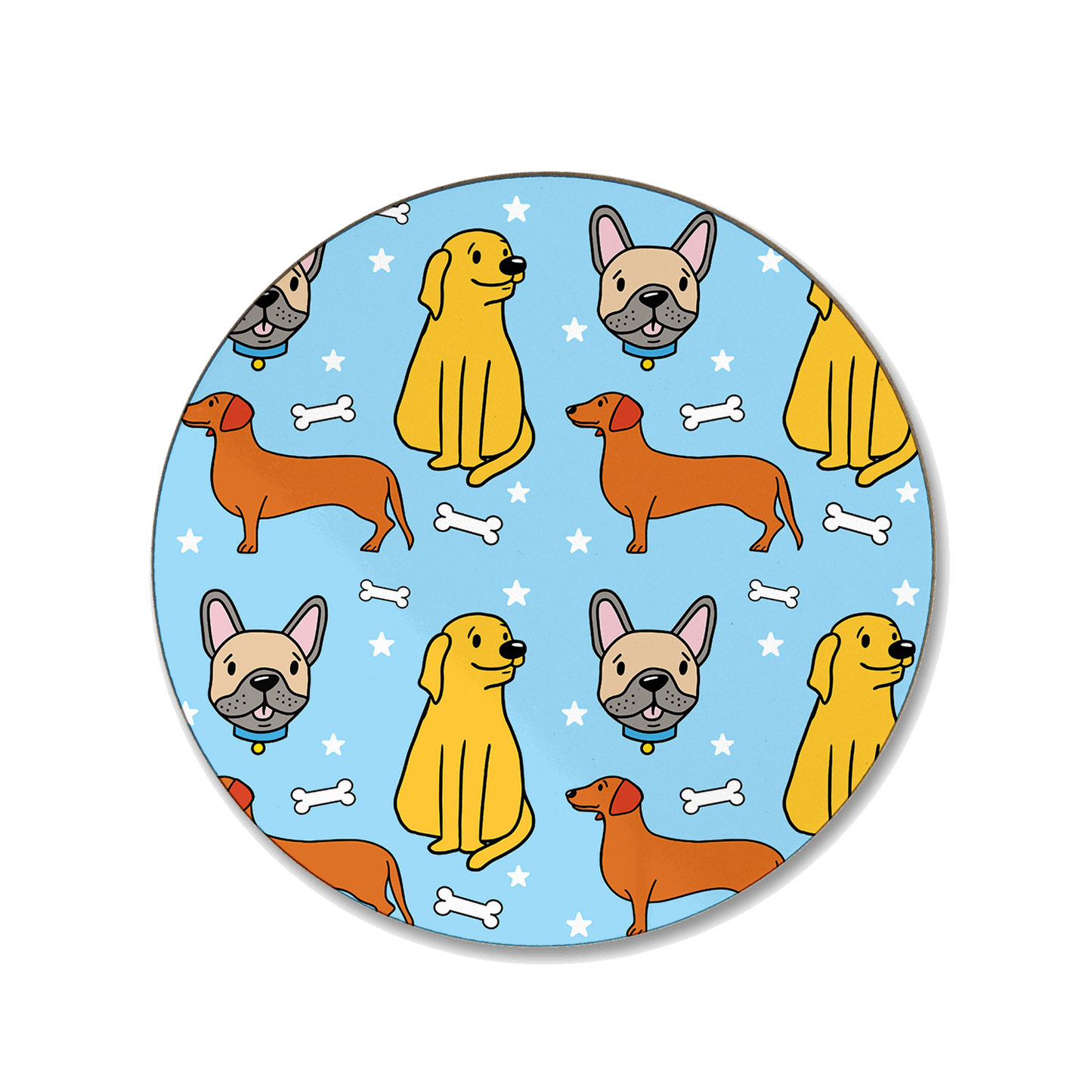 A blue coaster with a repeated seamless pattern of dogs