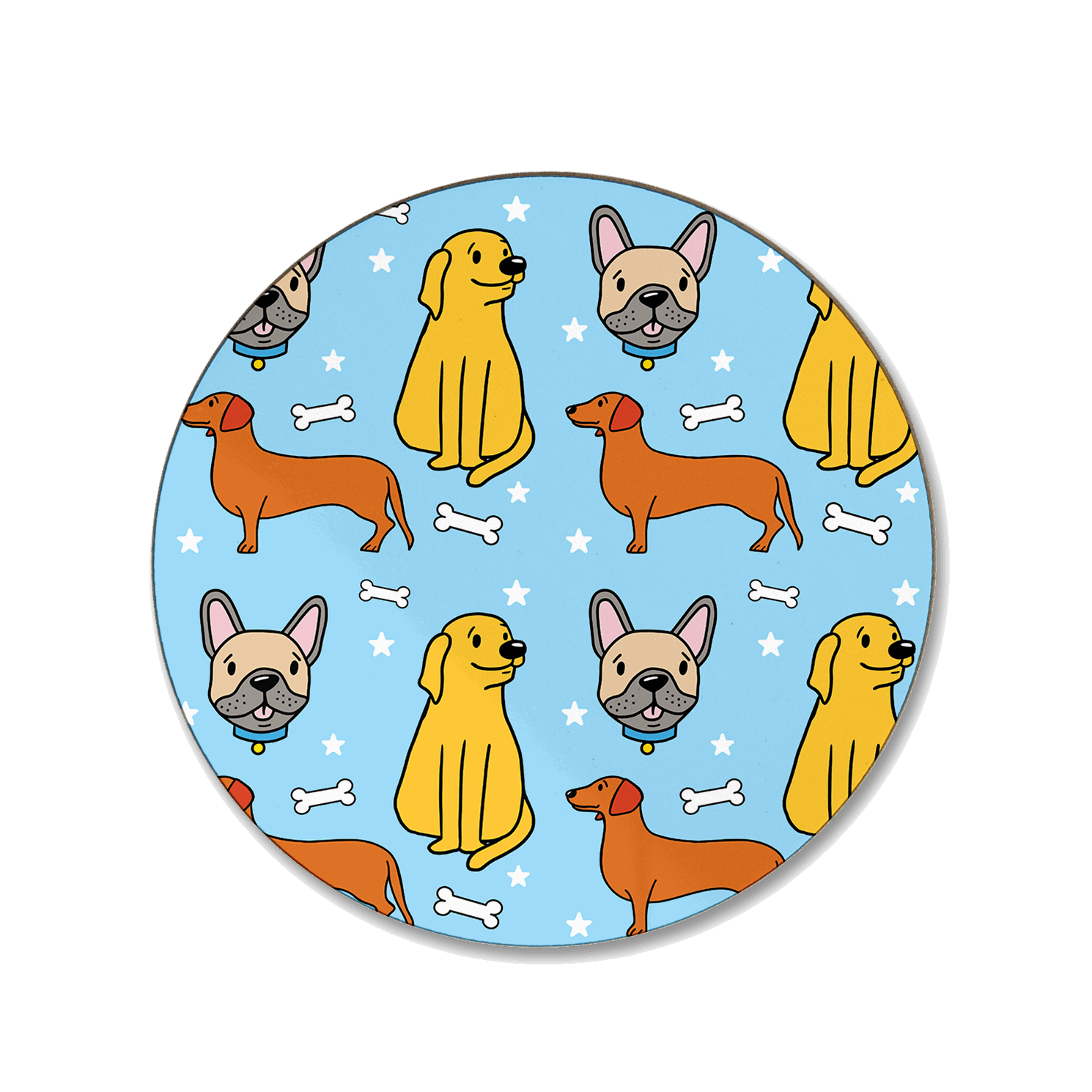 A blue coaster with a repeated seamless pattern of dogs