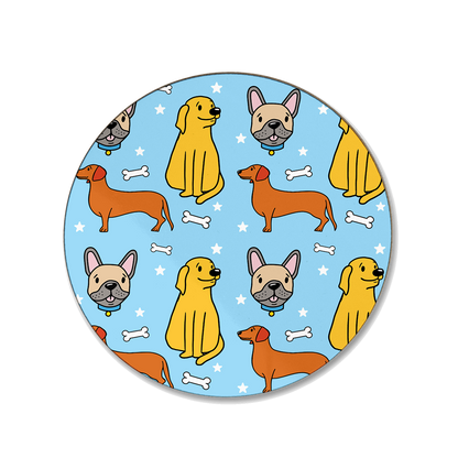 A blue coaster with a repeated seamless pattern of dogs
