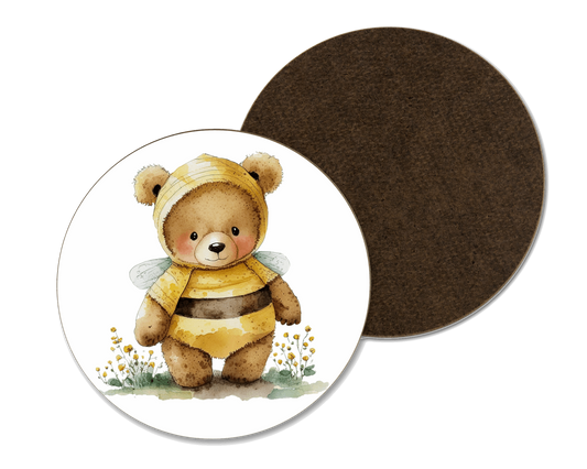 A white coaster with a bear dressed as a bumble bee