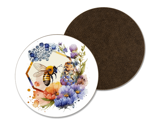 A white coaster with a bee and colourful flowers illustration