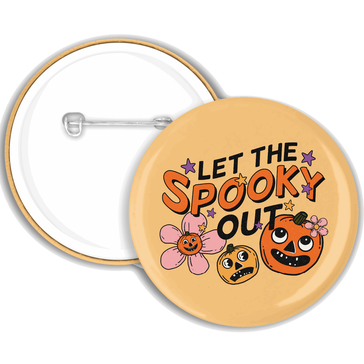 An orange badge with ‘let the spooky out’ written with a pumpkin illustration 