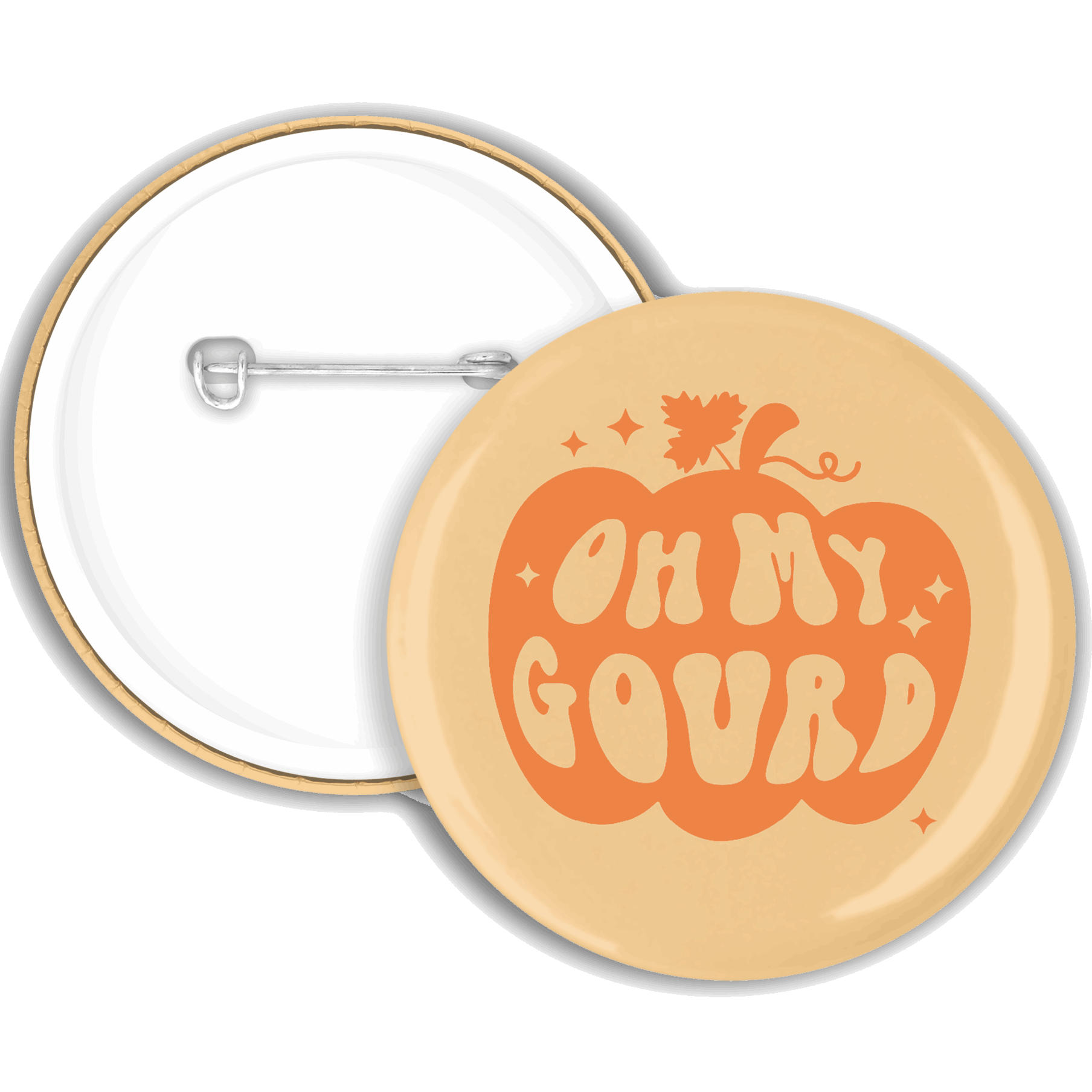 An orange badge with ‘oh my gourd’ written out of a pumpkin 