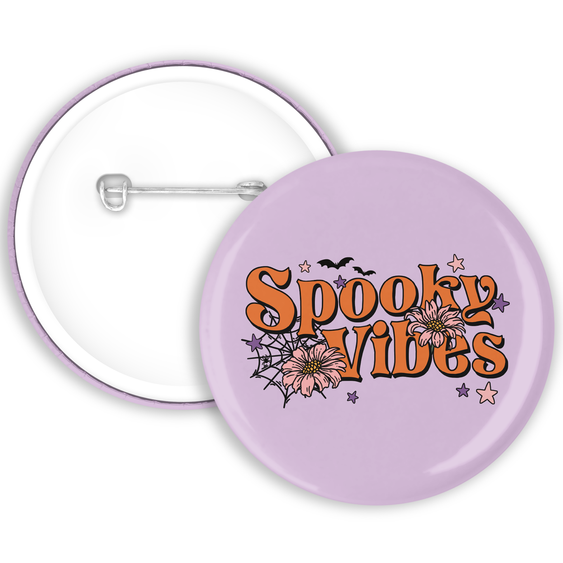 A purple badge with spooky vibes written and cobweb illustrations 