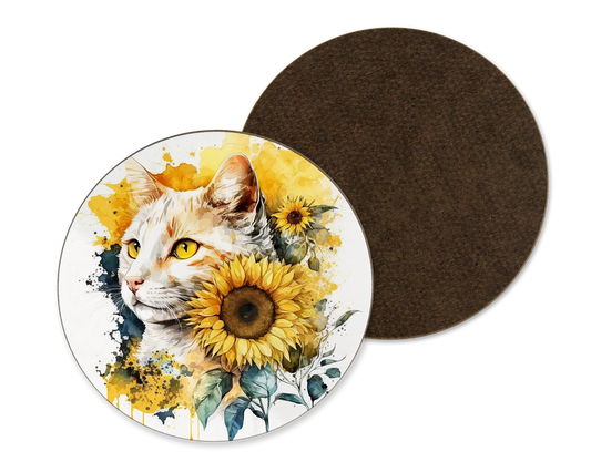 A white coaster with a sunflower and cat illustration