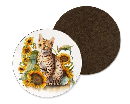 A white coaster with a sunflower and bengal cat illustration