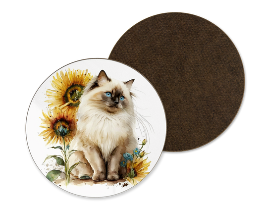 A white coaster with a sunflower and ragdoll cat illustration