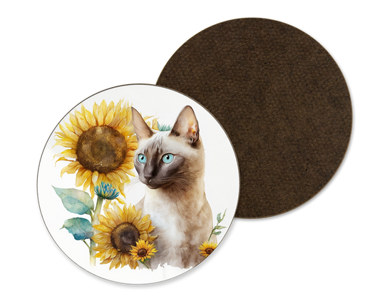 A white coaster with a sunflower and siamese cat illustration